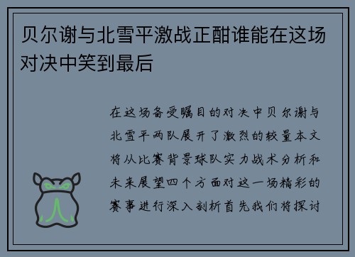 贝尔谢与北雪平激战正酣谁能在这场对决中笑到最后